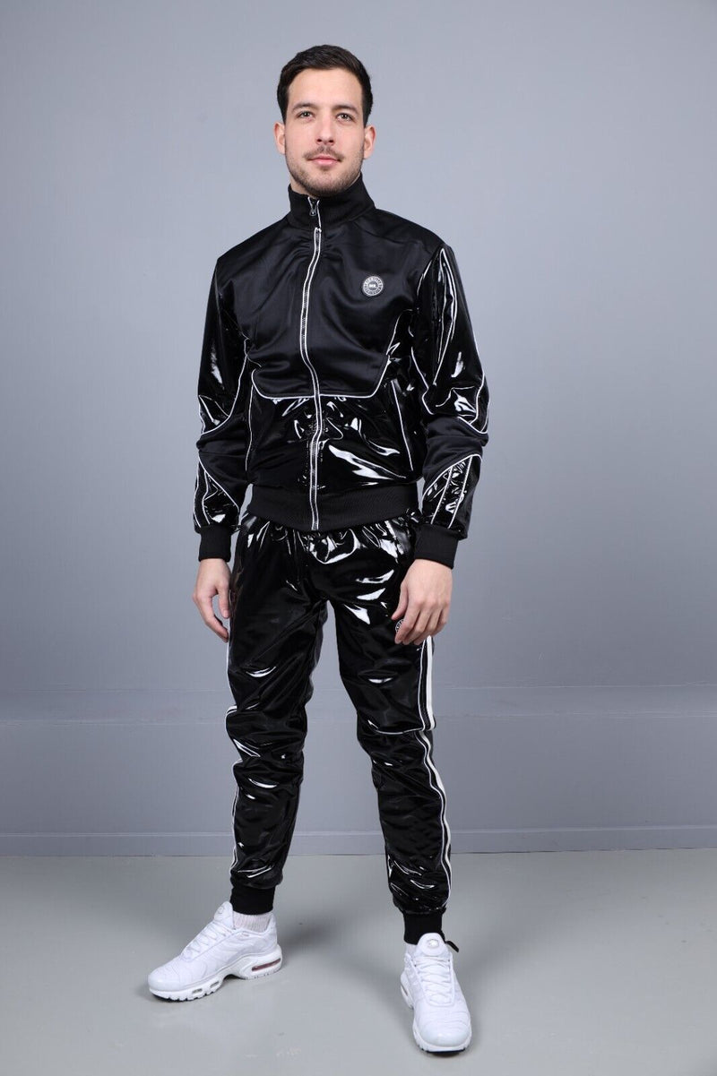MR. RIEGILLIO PVC Tracksuit Pants 24 Shiny Black With White Piping R1044