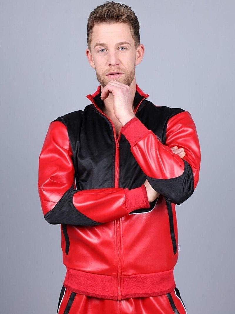 MR. RIEGILLIO Vegan Leather Jacket 24 Tracksuit Crew Collar Red R1027