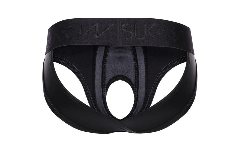 SUKREW U-Style V-Brief Nightlife Open Front and Back Rubber-Look Black 36