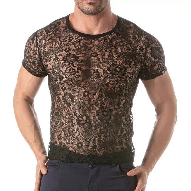 TOF PARIS Floral Lace T-Shirt Round Neck Semi-Sheer Black 35