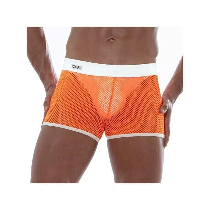 TOF PARIS Mesh Shorts Low-rise Boxer Short Unlined Fishnets in Orange Neon 17