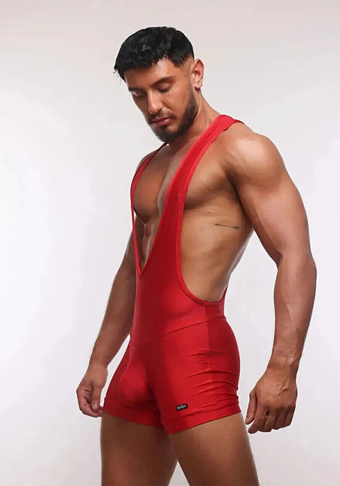 SUKREW V-Neck Singlet Bum Accentuating Bodysuit Low-Cut Side in Liberty Red 38