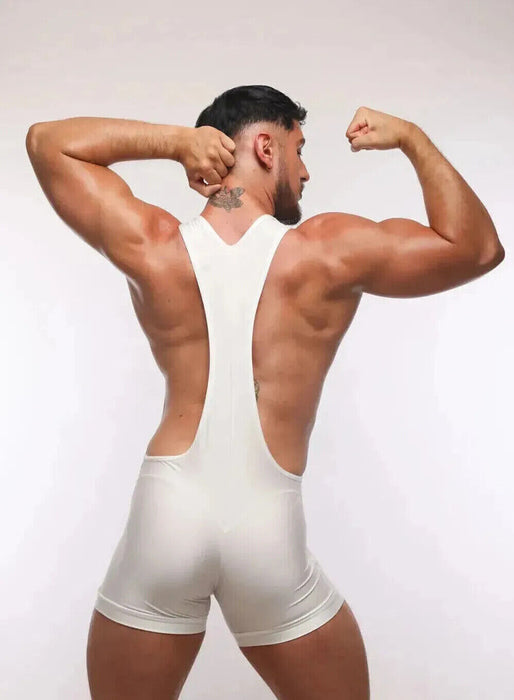 SUKREW V-Neck Singlet Bum Accentuating Bodysuit Low-Cut Side in Shimmer White 38