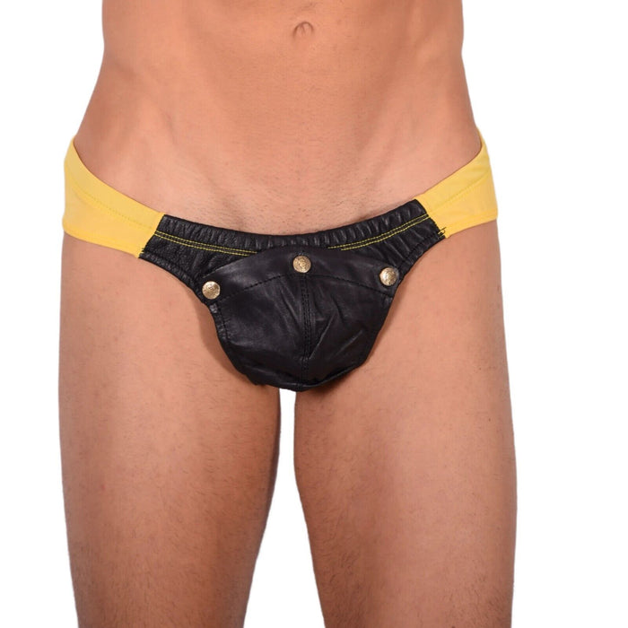 SMU Briefs Rave Peek-a-Boo Removable Leather Pouch Brief Yellow H3A