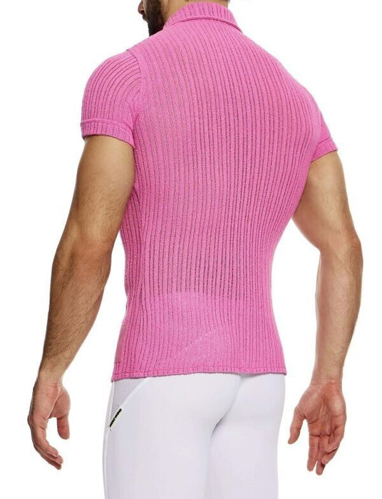 MODUS VIVENDI Striped Crochet Shirt Knitted Muscle Fit Chemise Pink 07441 B90