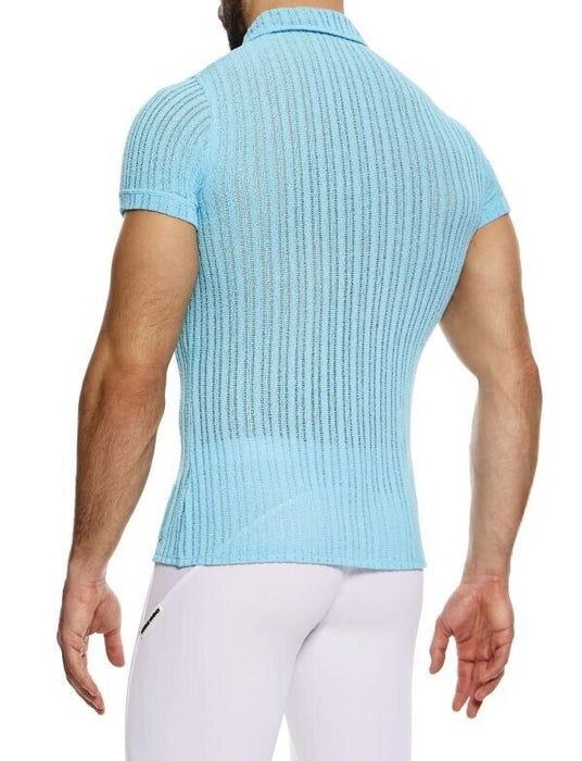 MODUS VIVENDI Muscle Fit Striped Crochet Shirt Knitted Chemise Light Blue 07441