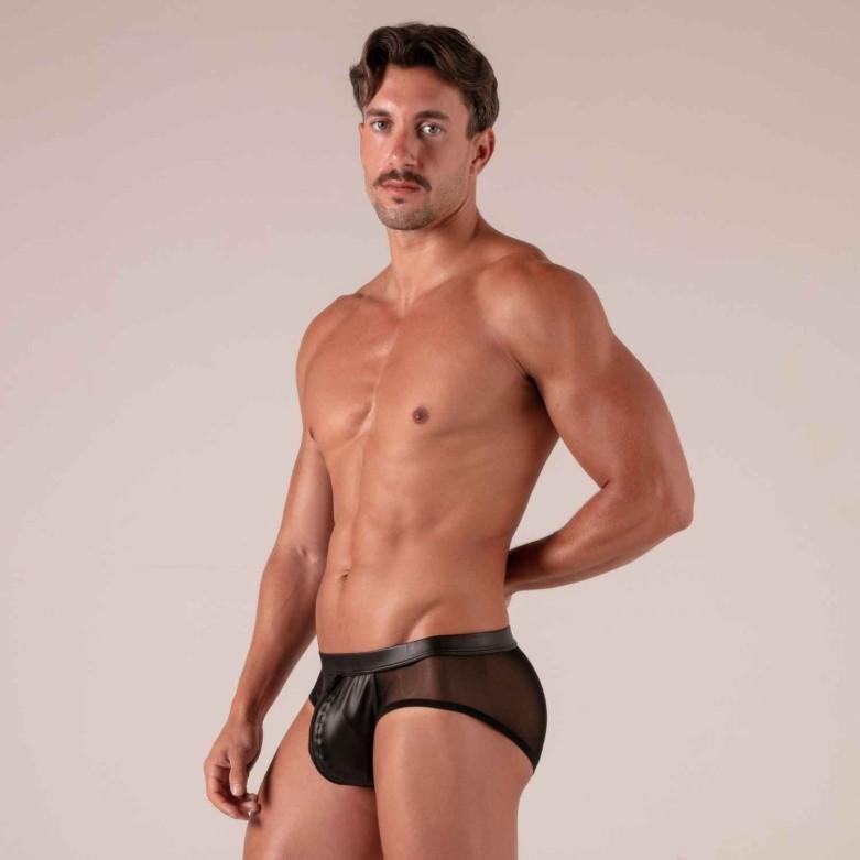 Absolu Male by TOF Rebel Zipped Briefs Mesh in Faux-Leather Black 2
