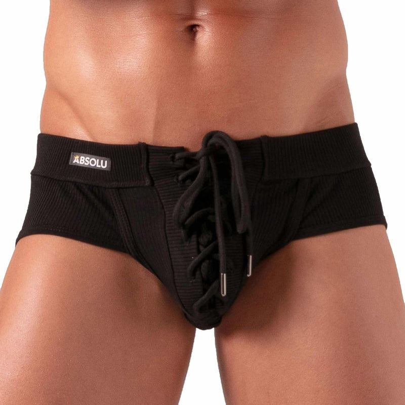 Absolu Male By TOF Laced Briefs Adjustable Soft Ribbed Cotton Black 3