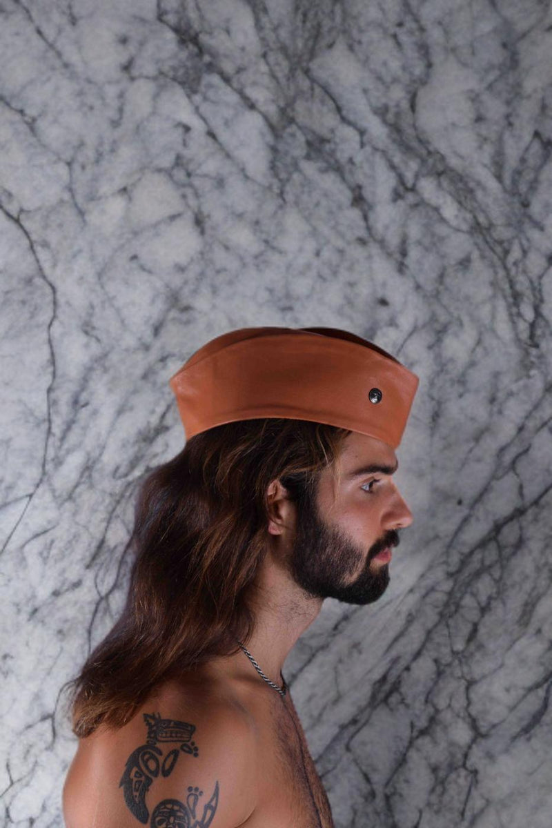 SMU Handmade Quality Leather Skin Garrison Hat Kepi in Tan Brown SMU1