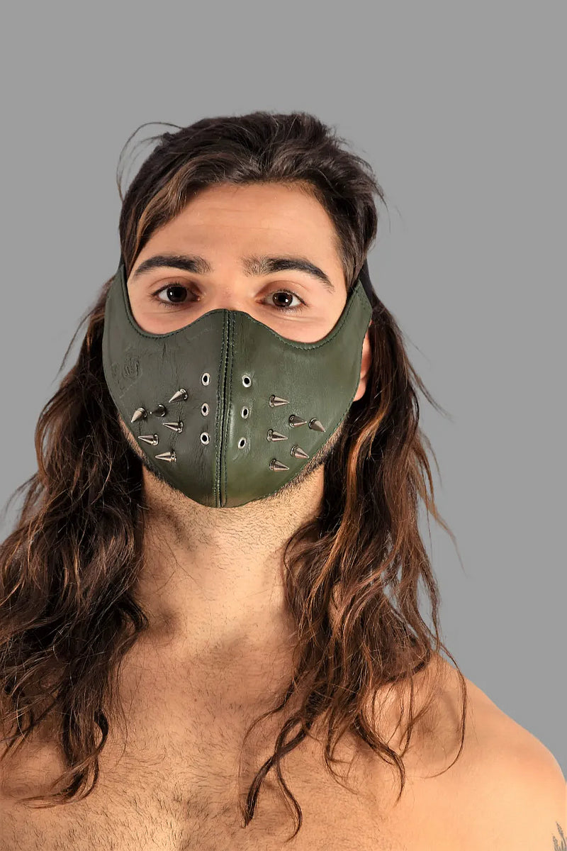 SMU Unisex Canadian Leather Studded Punk Mask in Army Green O/S 1051 3