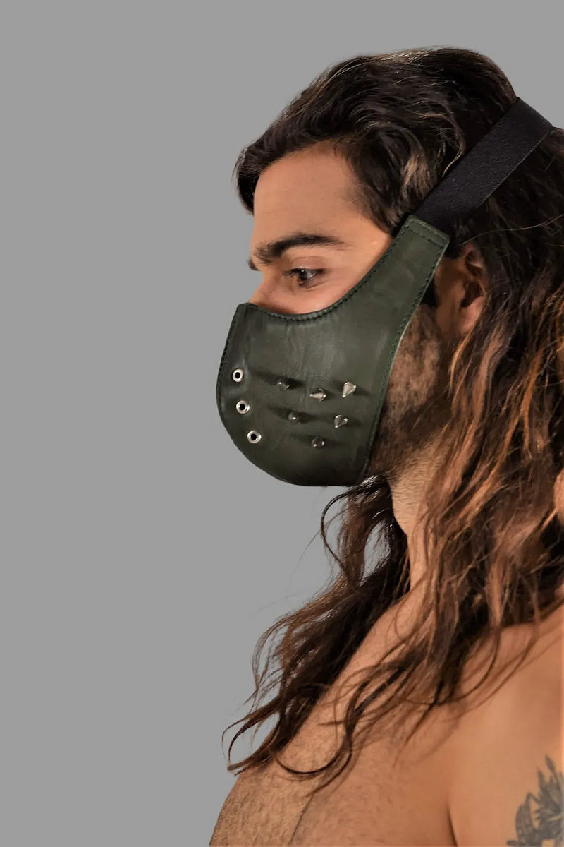 SMU Unisex Canadian Leather Studded Punk Mask in Army Green O/S 1051 3