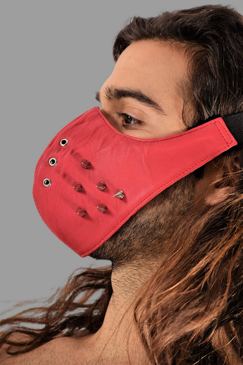 SMU Unisex Canadian Leather Studded Punk Mask in Red O/S 1051 3