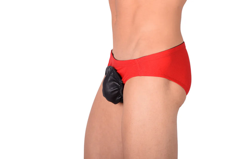SMALL SMU Rave Peekaboo Removable Black Leather Pouch Brief Red H6