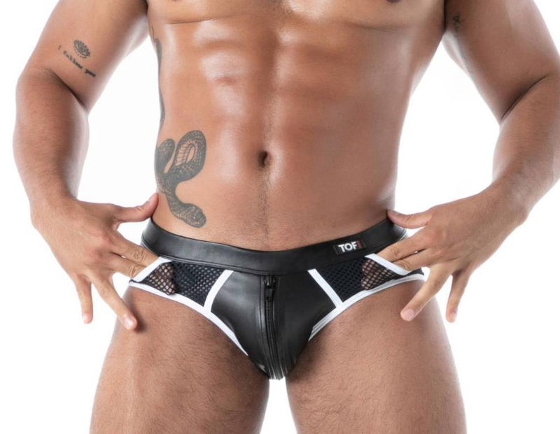 TOF PARIS Kinky Backless Front Zipped Brief Jock Combo Mesh Patch Pockets Bk 32