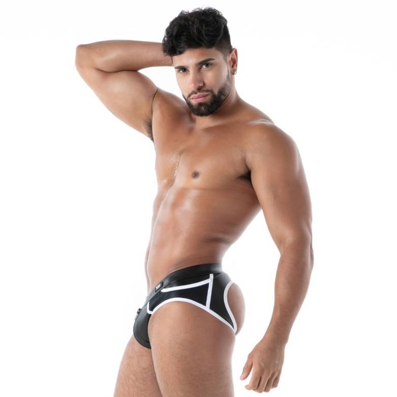 TOF PARIS Kinky Backless Front Zipped Brief Jock Combo Mesh Patch Pockets Bk 32