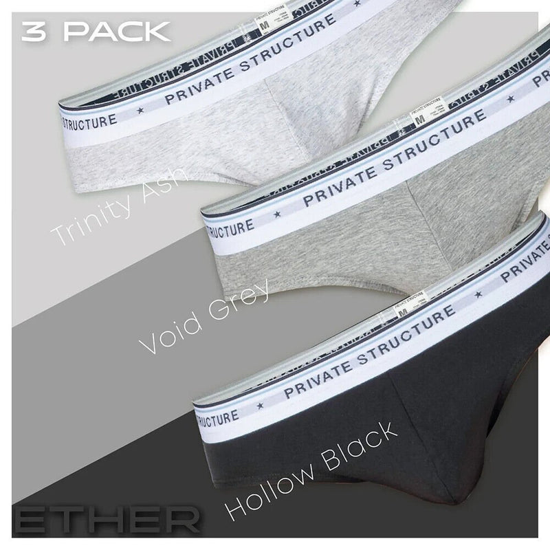 3pcs PRIVATE STRUCTURE Mini Briefs Ether Elements Trio Ash Grey Black 4395 1212