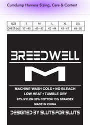 Breedwell product label with size chart and care instructions on a white background