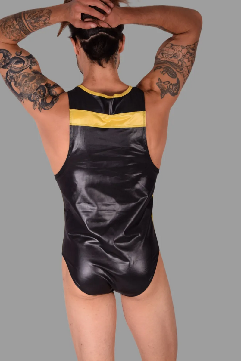 SMU Fashion WETLOOK Bodysuit Sensual Singlet Black Yellow 101 MX21