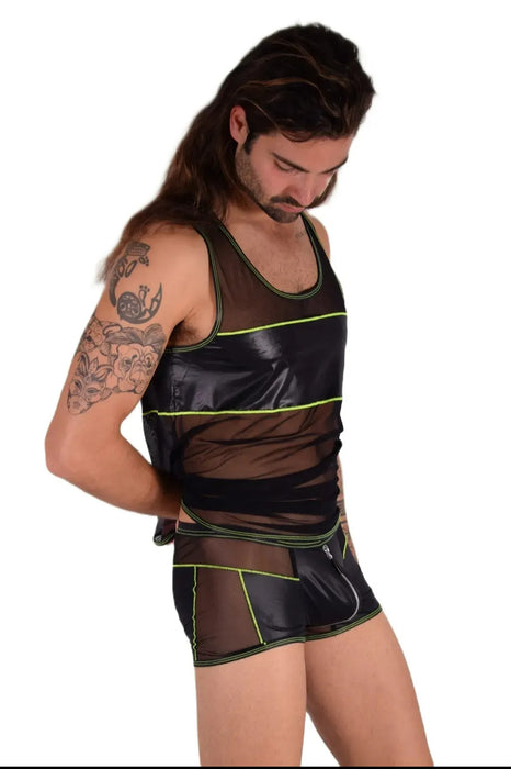 Kit Gregg Homme L Tank Top & M Boxer Front Zip Black/Neon Green 33656 MX14