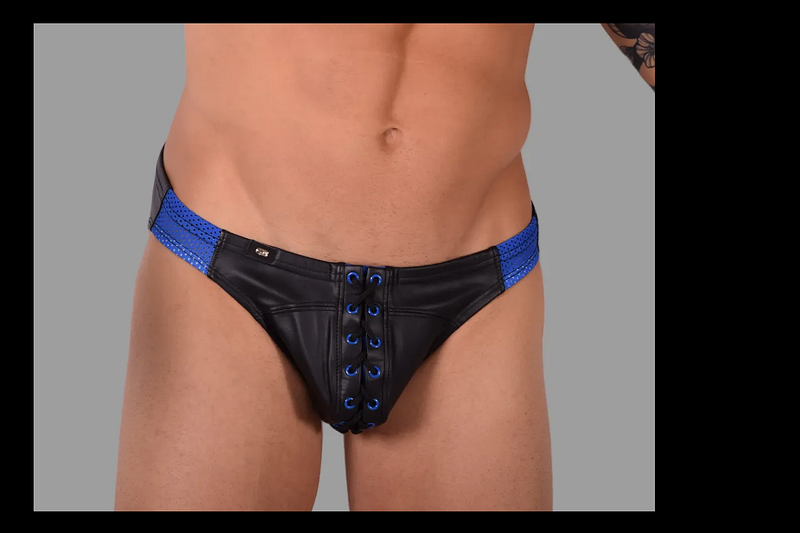 SMU Limited Leather Briefs Eye Grabber Laced-Up Black & Blue P01003 H5
