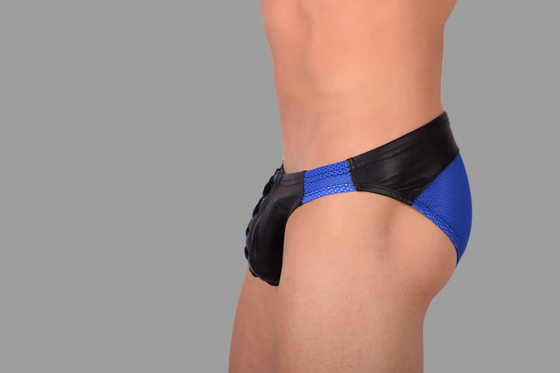 SMU Limited Leather Briefs Eye Grabber Laced-Up Black & Blue P01003 H5