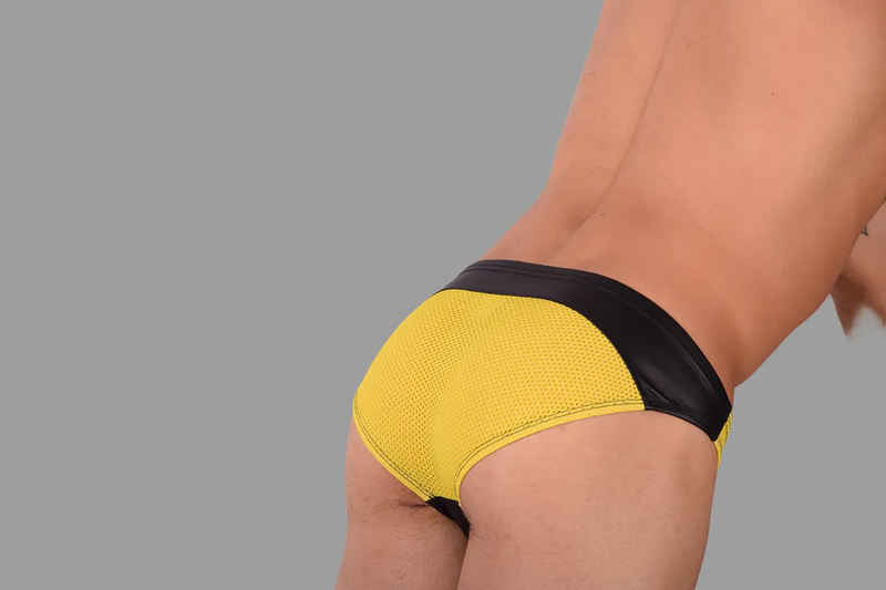 SMU Briefs Eye Grabber Luxurious Laced Leather Brief Black & Yellow P01003 H5