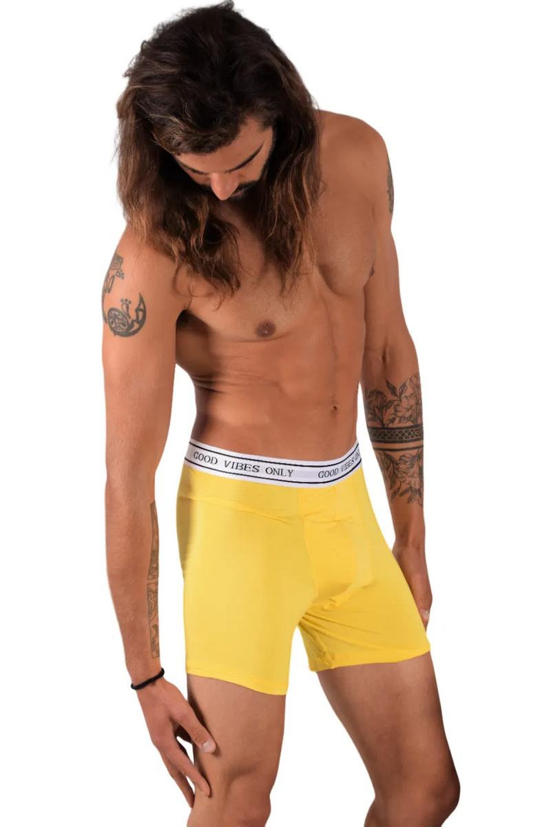 POP Underwear Bamboo Boxer Long Hypoallergenic " GOOD VIBES ONLY " Yellow 1