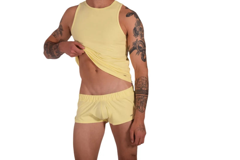 SUKREW Loose-Fit Runner Shorts With Contoured Pouch in Blonde Yellow 4