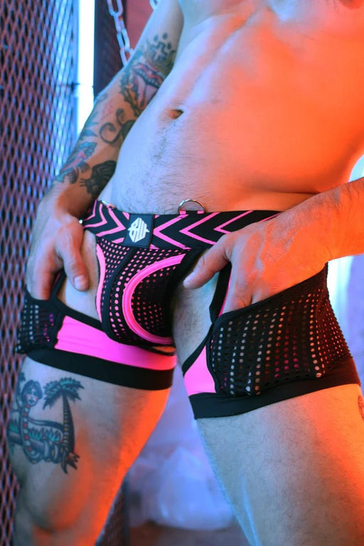 BREEDWELL Chock Dickmatized Boxer - Jock Combo Chaps Mesh Pockets Neon Pink 48 - SexyMenUnderwear.com