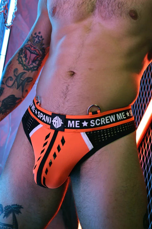BREEDWELL Snax Thong Flex Mesh 3 - D Rubberized Text Neon Orange 162