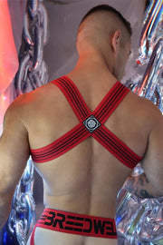 Person wearing a red harness with 'Breedwear' branding against a reflective silver background