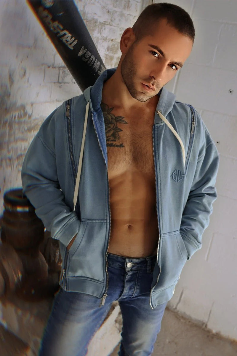 BREEDWELL Darkroom Hoodie Unique Zippers Heavy-Weight Knit Cotton Vest in Indigo