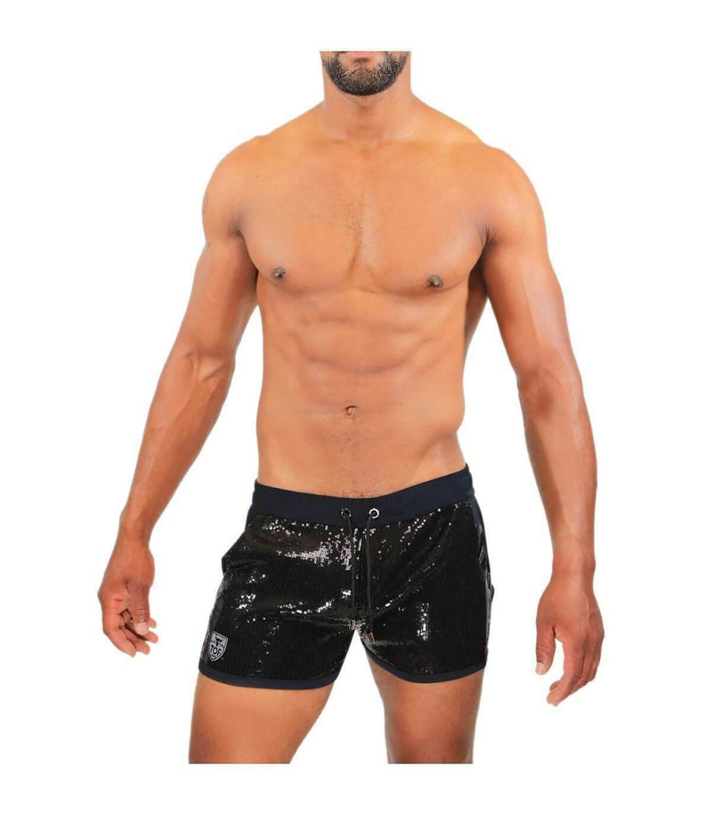 Men Fashion Shorts ''TOF PARIS BROADWAY'' Black Shiny Glitter Rear Pockets 177