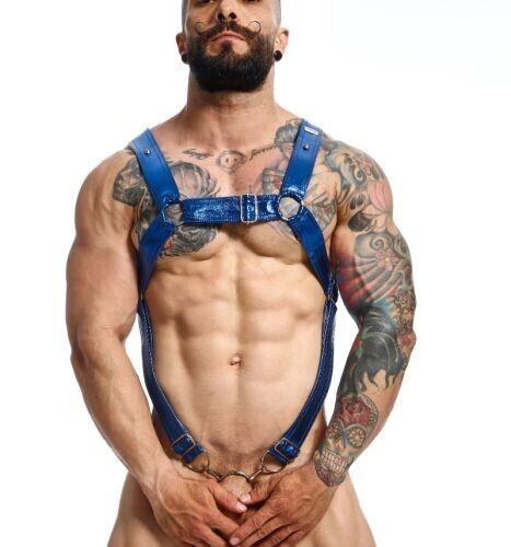 MOB DNGEON Cross C - Ring Harness Wide Adjustable Strap O/S Blue Mirror DMBL07 - SexyMenUnderwear.com