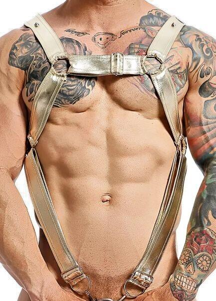 MOB DNGEON Cross C - Ring Harness Wide Adjustable Strap O/S Golden Mirror DMBL07 - SexyMenUnderwear.com