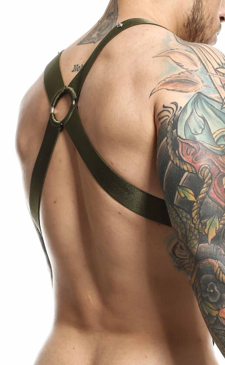 MOB DNGEON Crossback Elastic Harness O - Ring Army Green With C - Ring DMBL05 4 - SexyMenUnderwear.com