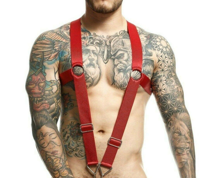 MOB DNGEON Crossback Elastic Harness O - Ring Cherry Red Open Front DMBL05 - SexyMenUnderwear.com