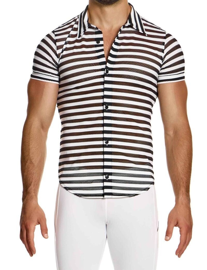Modus Vivendi Chemise Striped Through Shirt Jacquard Fishnet Black & White 014423