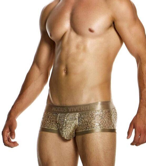 MODUS VIVENDI Harem Boxer Slim Fit Trunk Shiny Jacquards Sequins Gold 19421 - SexyMenUnderwear.com