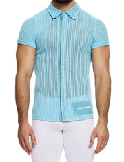 MODUS VIVENDI Muscle Fit Striped Crochet Shirt Knitted Chemise Light Blue 074412