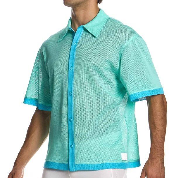 MODUS VIVENDI Retro Cotton Shirt Semi - Transparent Micro Fishnet Mint 05542 B982