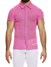 MODUS VIVENDI Striped Crochet Shirt Knitted Muscle Fit Chemise Pink 07441 B902