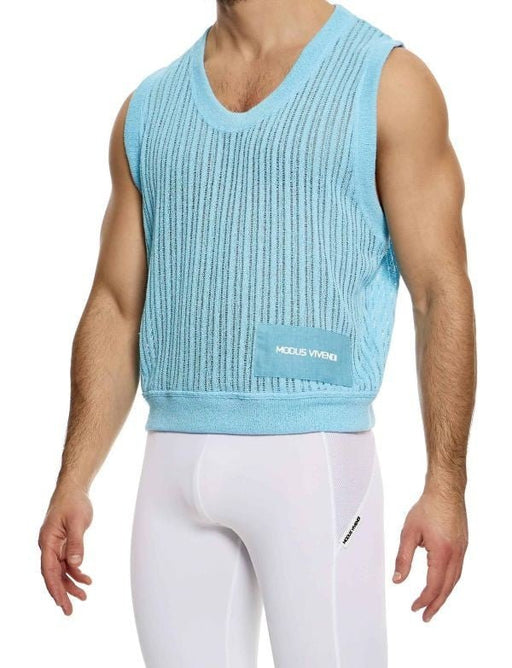 Modus Vivendi Striped Crochet Sleeveless Vest Knitted Tank Top Blue 07431 B1012