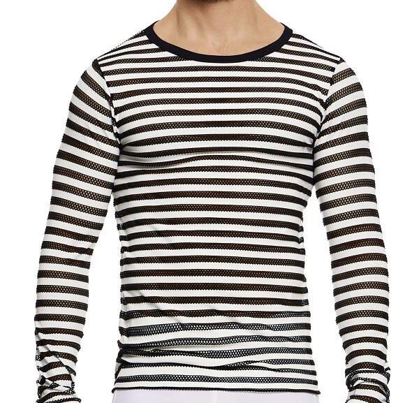 Modus Vivendi Striped Through Long Sleeve Shirt Jacquard Fishnet Blk - Whi 014511