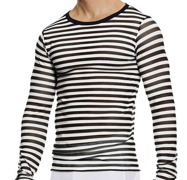 Modus Vivendi Striped Through Long Sleeve Shirt Jacquard Fishnet Blk - Whi 014512