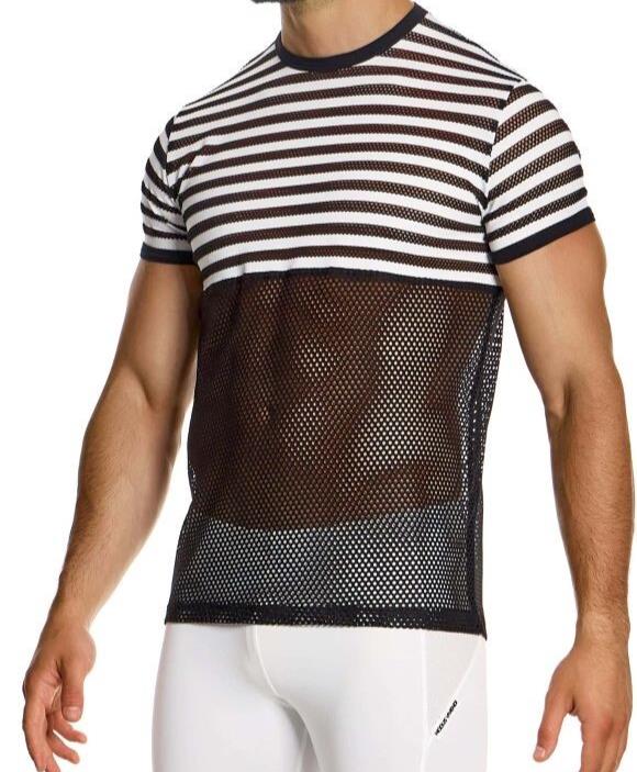 Modus Vivendi T-Shirt Striped Through Jacquard Fishnet Shirts Black/White 014411