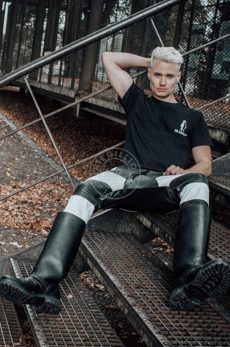 MR. RIEGILLIO 100% Leather Jogger Low-Cross Drawstring Black & White