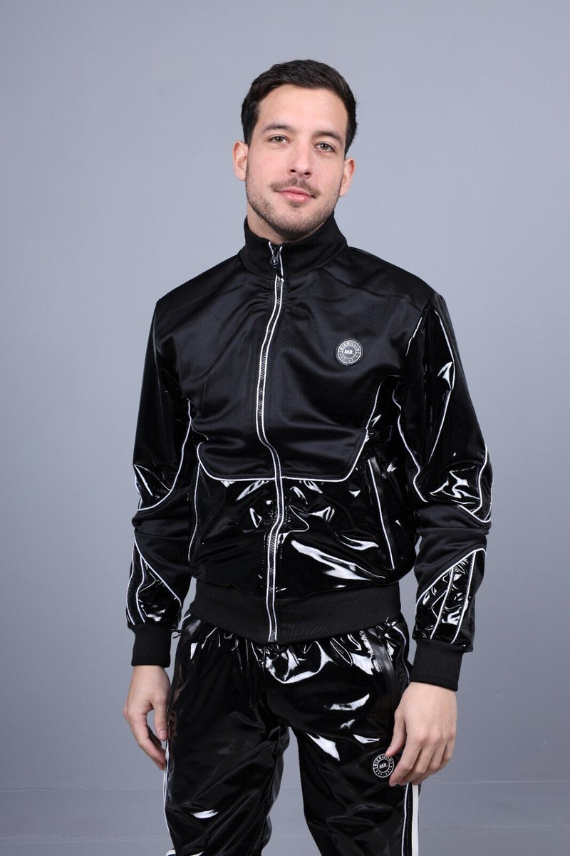 MR. RIEGILLIO PVC Tracksuit Jacket 24 Shiny Black With White Piping R10433