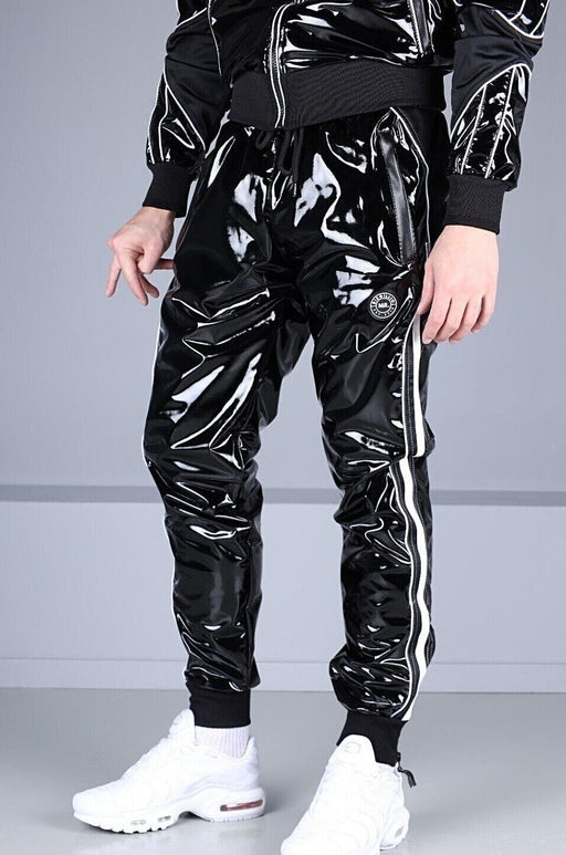 MR. RIEGILLIO PVC Tracksuit Pants 24 Shiny Black With White Piping R10441