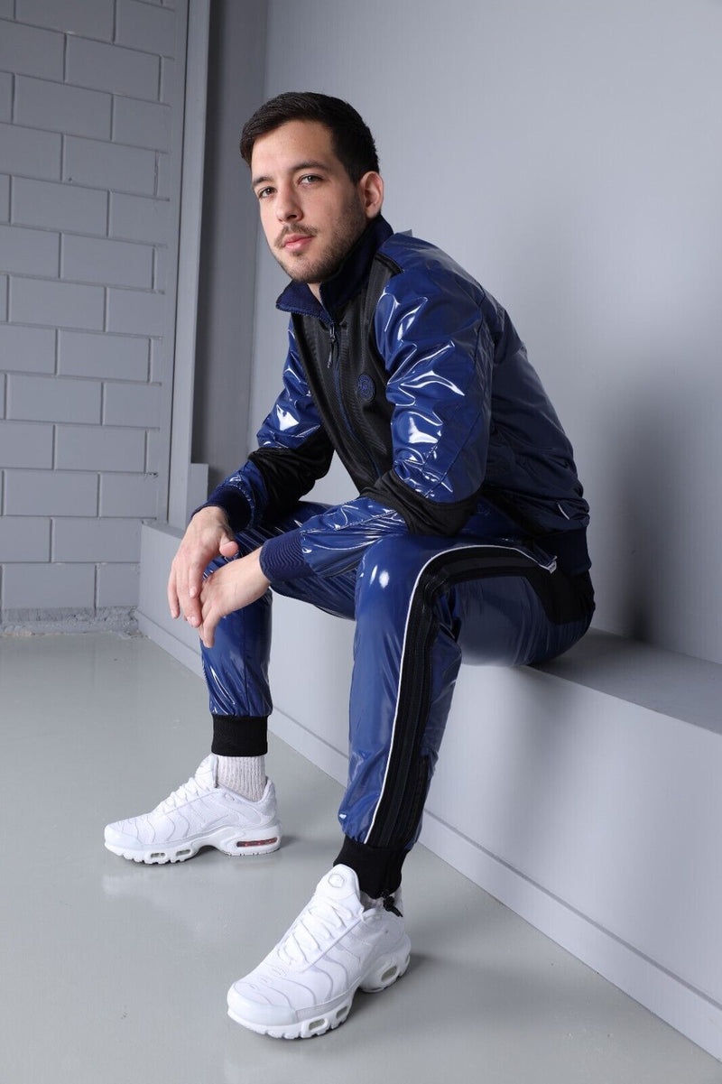 MR. RIEGILLIO Shiny PVC 24 Tracksuit Pants Glossy Blue R10427
